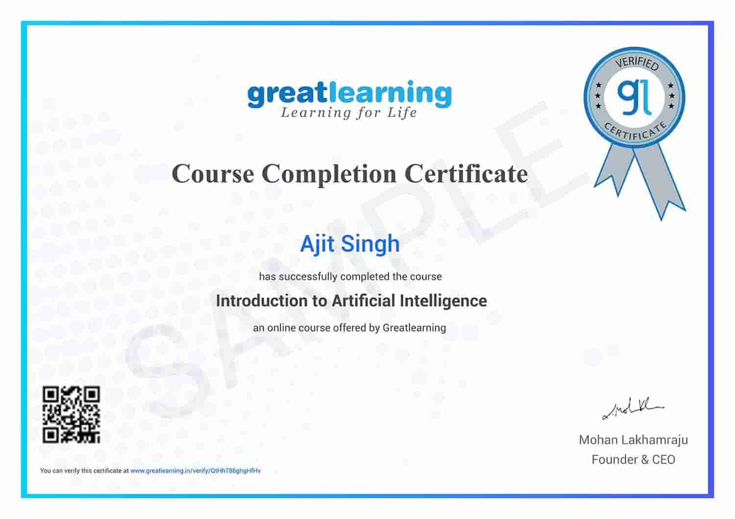 Great Learning artificial intelligence course completion certificate
